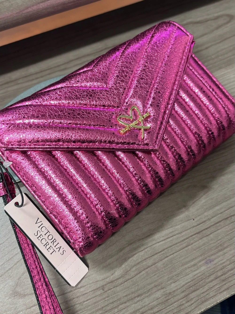 Victoria's Secret Metallic Fuchsia Quilted Wristlet
